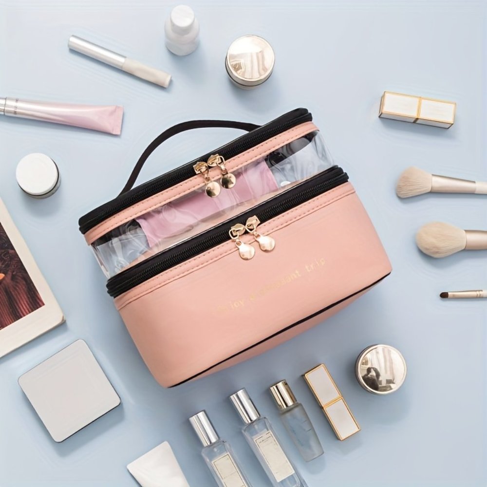 Double-Layer Cosmetic Bag with Large Capacity for Travel and Toiletries